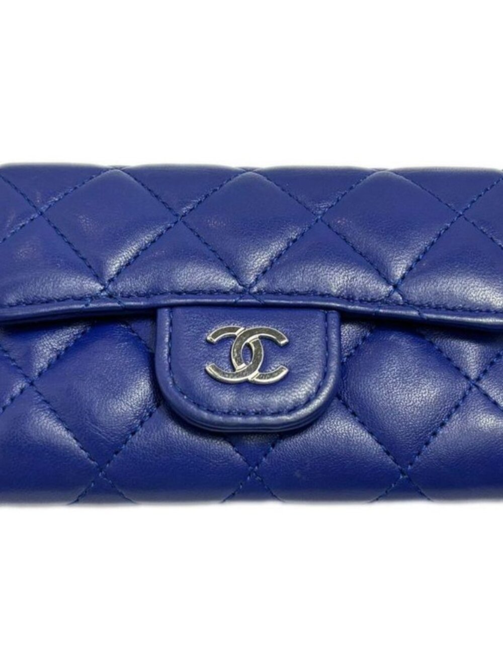 Chanel Card Case Business Holder Quilted CC Logo Lambskin Blue Silver